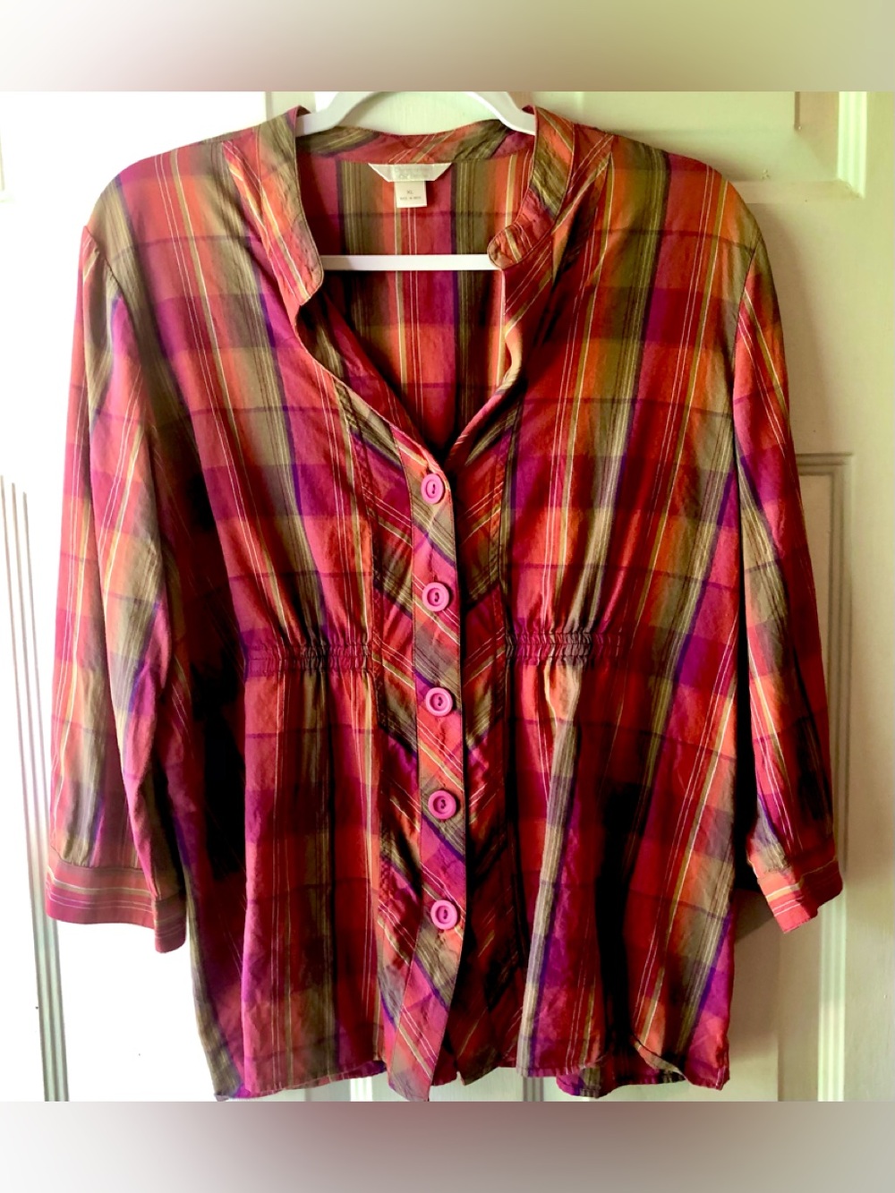 Christopher & Banks Fuchsia Orange Olive Check Ruched Detail Button Up Blouse XL